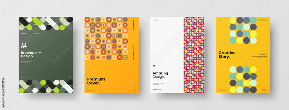 Fototapeta premium Company identity brochure template collection. Business presentation vector A4 vertical orientation front page mock up set. Corporate report cover abstract geometric illustration design layout bundle.