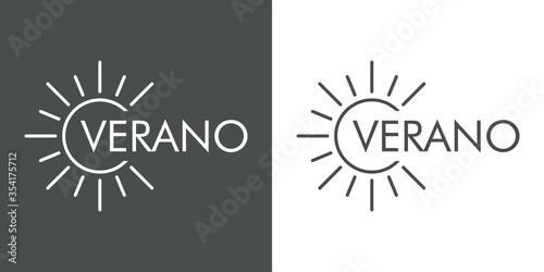 Concepto de vacaciones y viajes. Logotipo lineal sol con texto VERANO en fondo gris y fondo blanco
