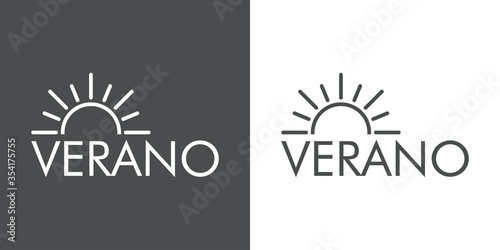 Concepto de vacaciones y viajes. Logotipo lineal sol con texto VERANO en fondo gris y fondo blanco