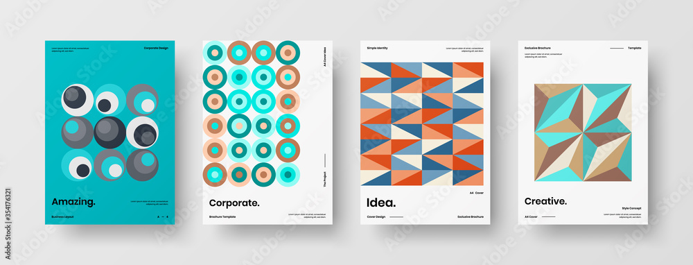 Company identity brochure template collection. Business presentation vector A4 vertical orientation front page mock up set. Corporate report cover abstract geometric illustration design layout bundle.