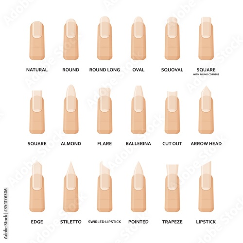 Different shapes of nails set. Collection of fashion female nail forms. Professional manicure. Vector illustration.