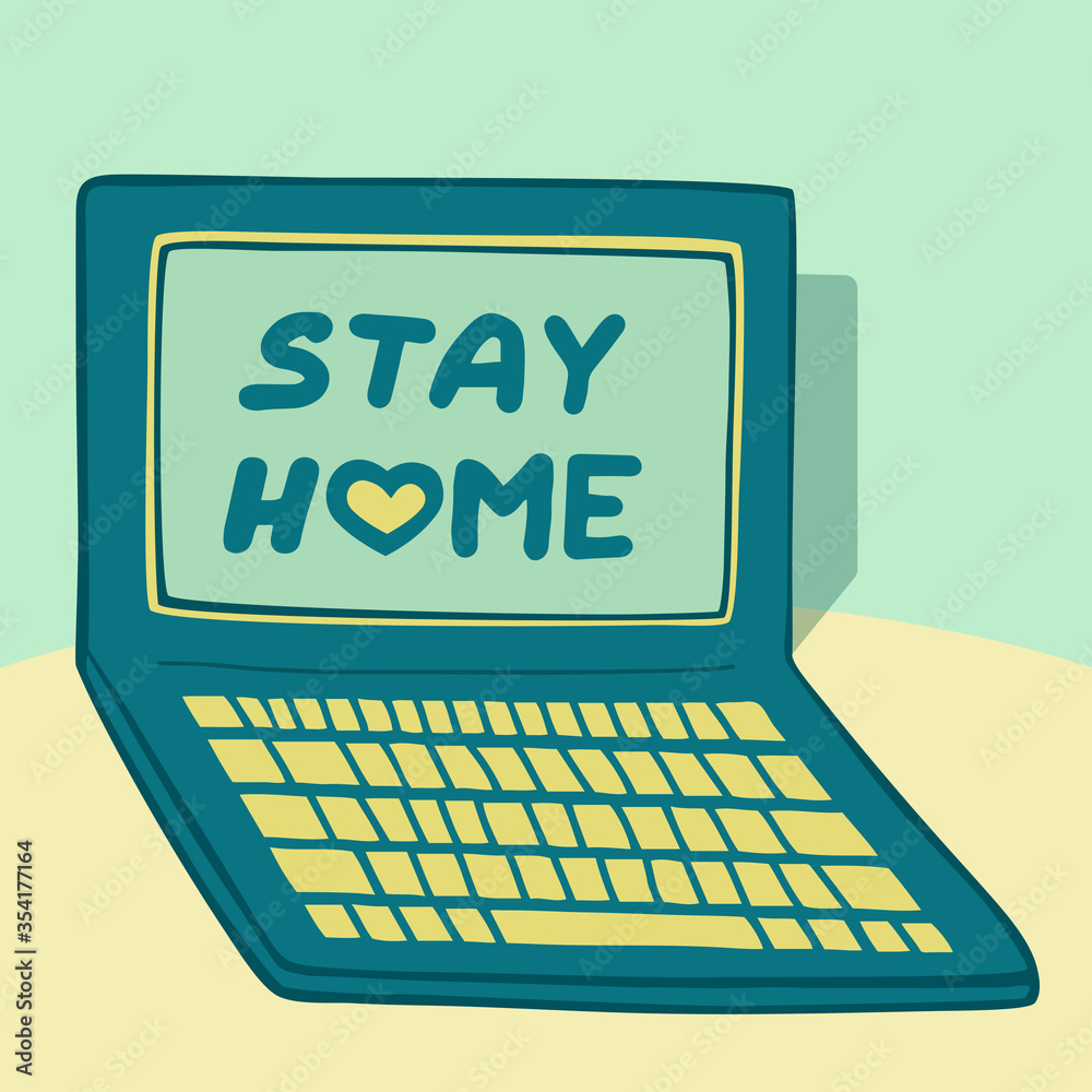 Green laptop with medicine mask vector illustration. Electronic device in vintage style. Can use for computer service, webinar, online education, logo, sticker, icon, website and mobile application