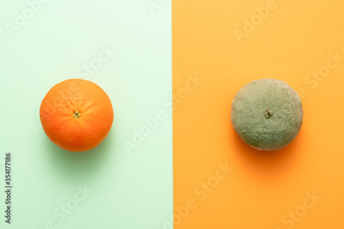Foto Comparing rotting orange with good one