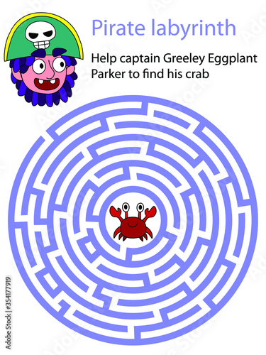 Help pirate to find his crad. Circle maze isolated on white stock vector illustration. Funny cartoon pirate with two teeth and small smiling crab. Simple visual puzzle for kids. Tangled mind worksheet