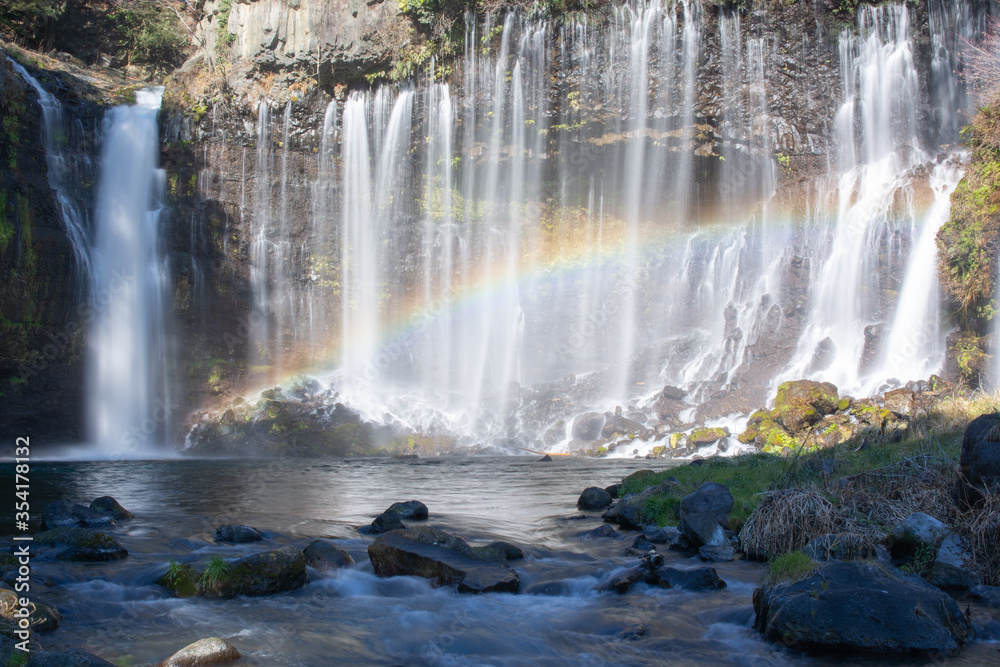 Shiraito Waterfall with the rainbow in Shizuoka Japan