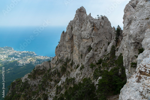 Seascape from Mount Ai-Petri. View of the sea and residential areas, Crimean peninsula