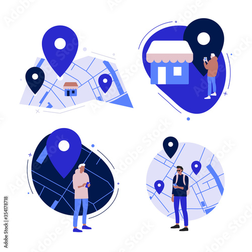 Simple flat cartoon illustrations set. Showing map, store locator and young man looking on mobile phone to find location.