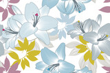 Seamless floral background with lily flowers and tropical leaves.