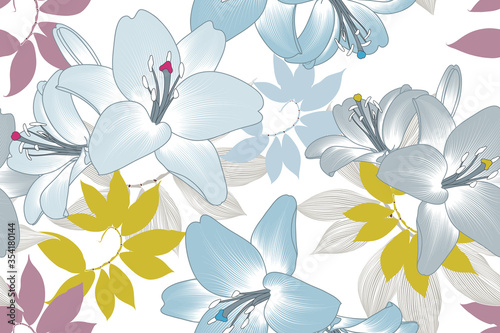Seamless floral background with lily flowers and tropical leaves.