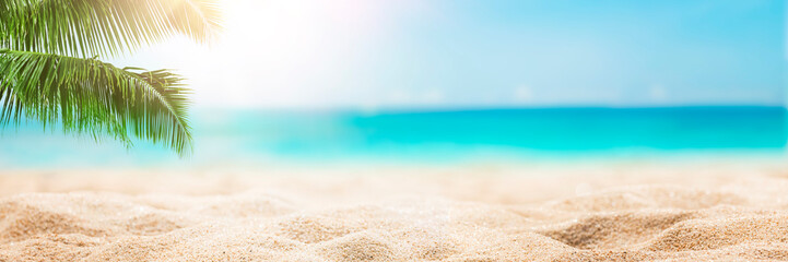Sunny tropical beach with palm trees and turquoise water, Caribbean island vacation, hot summer day