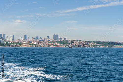 panorama of european part of Istanbul city at background  Besiktas area. View from ferry