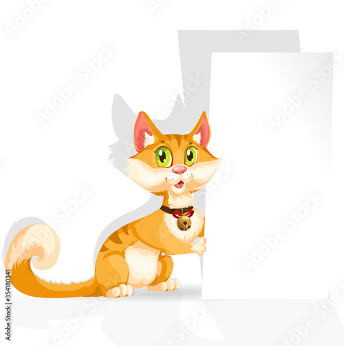 Cute cat with blank banner for text isolated on a white background