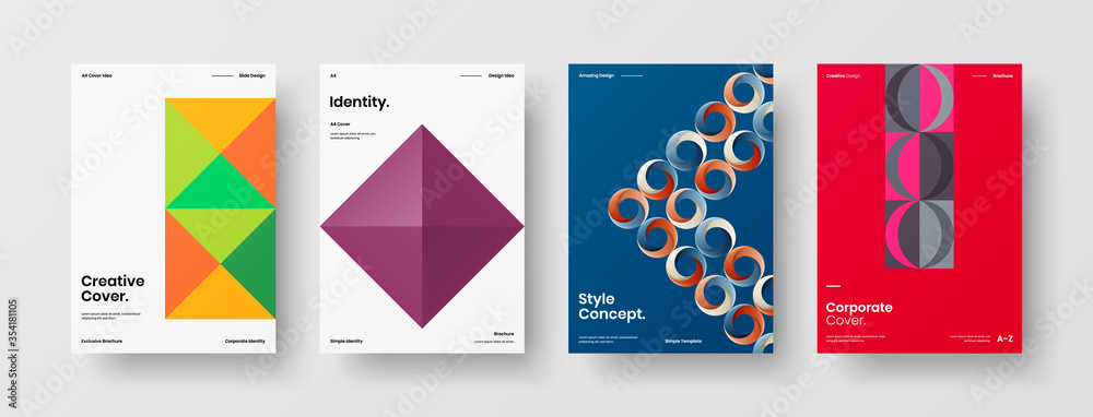 Company identity brochure template collection. Business presentation vector A4 vertical orientation front page mock up set. Corporate report cover abstract geometric illustration design layout bundle.