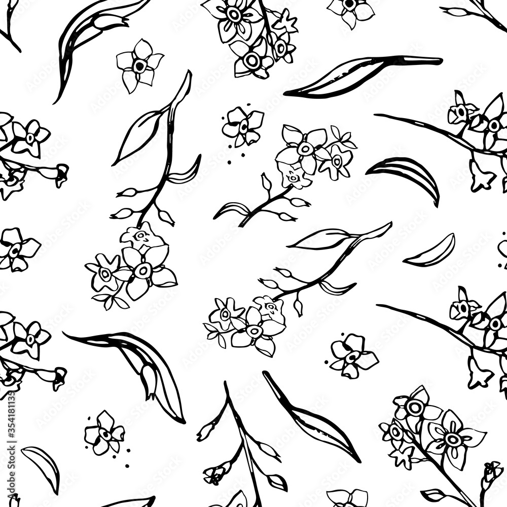 Vector elegant botany forget me not line art repeat pattern with hand drawn outline on white background. Nature background. Surface pattern design. Vector elegant botany forget me not line art repeat pattern with hand drawn outline on white background. Nature background. Surface pattern design.