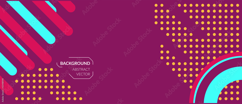 Dynamic multi-colored lines, circles, yellow dots, on a purple background. Vector abstract geometric banner. For soyal networks, web. Copyspace.