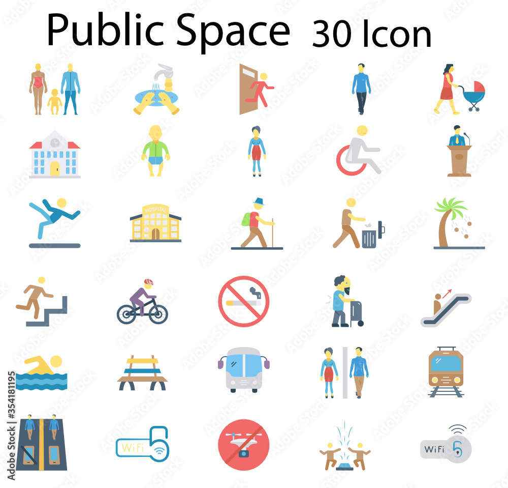 Public Space and Urban life Icons stock illustration, Parks Outdoor Sign Concept Vectors Flat Icons Pack 