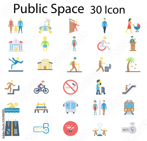Public Space and Urban life Icons stock illustration, Parks Outdoor Sign Concept Vectors Flat Icons Pack 