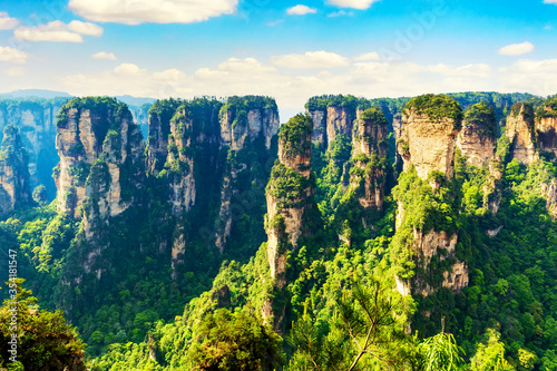 Zhangjiajie National Forest Park. Gigantic quartz pillar mountains rising from the canyon during summer sunny day. Hunan, China.