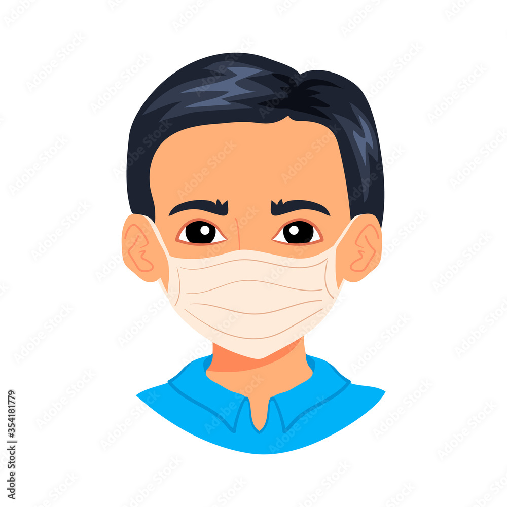 Portrait of young asian man wearing sterile disposable medical face mask for coronavirus protection. Covid-19 pandemy male character avatar, cartoon style boy isolated on white background. Portrait of young asian man wearing sterile disposable medical face mask for coronavirus protection. Covid-19 pandemy male character avatar, cartoon style boy isolated on white background.