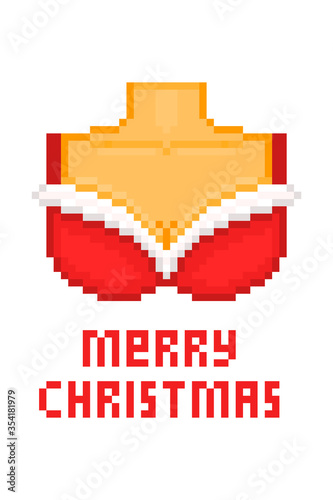 Sexy woman with big boobs in christmas bra, pixel art character isolated on white background. Santa's girlfriend. Winter holiday print. Retro 8 bit slot machine/video game graphics. Role play costume.