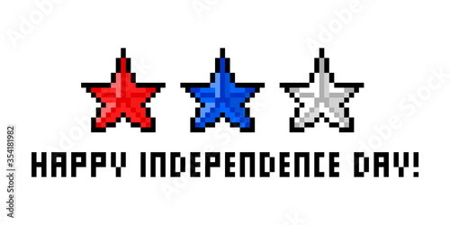 Happy Independence day illustration, pixel art blue, red, white stars isolated. 8 bit 4th of July banner. American holiday greeting card. Old school vintage retro slot machine/video game graphics.