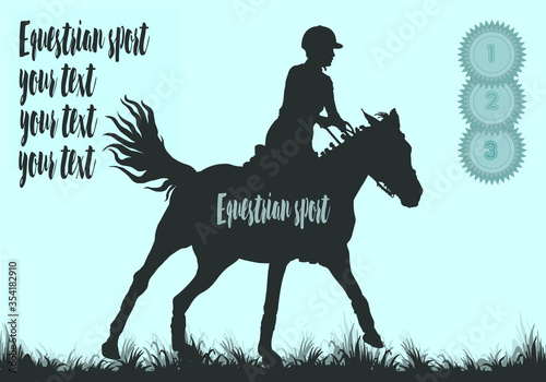 equestrian competitions, show jumping, women riders on horses, vector isolated images on a blue background