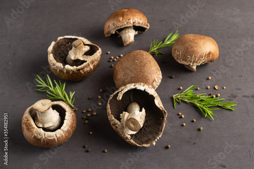 Forest picking mushrooms on the old concrete background. Fresh raw mushrooms on the table