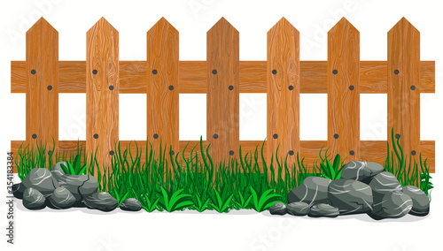 Wooden fence, stones and grass. Garden fences isolated. Vector