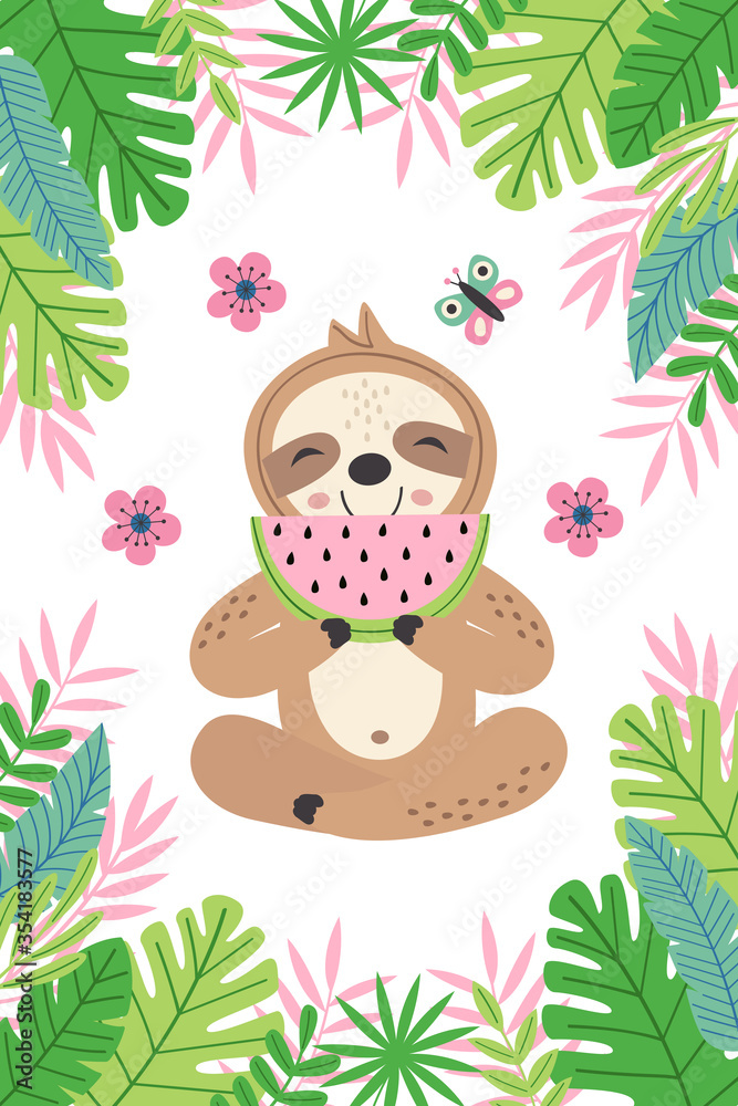 Naklejka premium poster sloth with watermelon among tropical plants - vector illustration, eps
