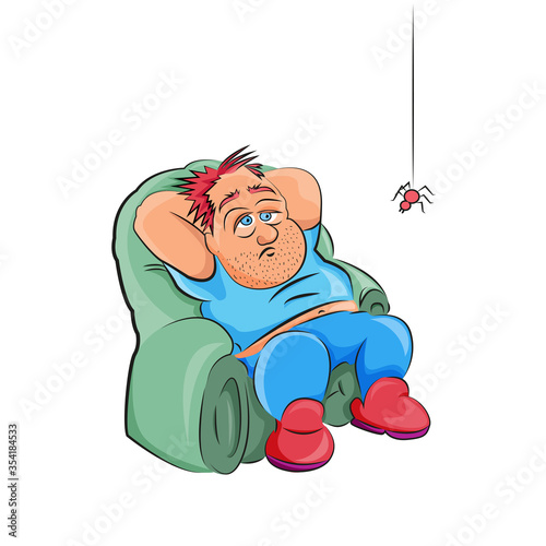 Sad fat man in depression. Obesity problem. Cartoon character on a white background. Flat design. Vector illustration.