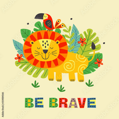 poster with brave lion and parrot - vector illustration, eps