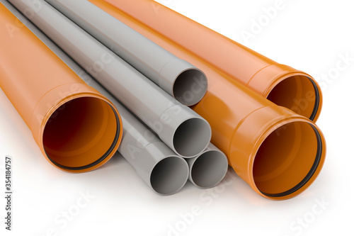 Orange and gray plastic pvc pipes, 3D illustration