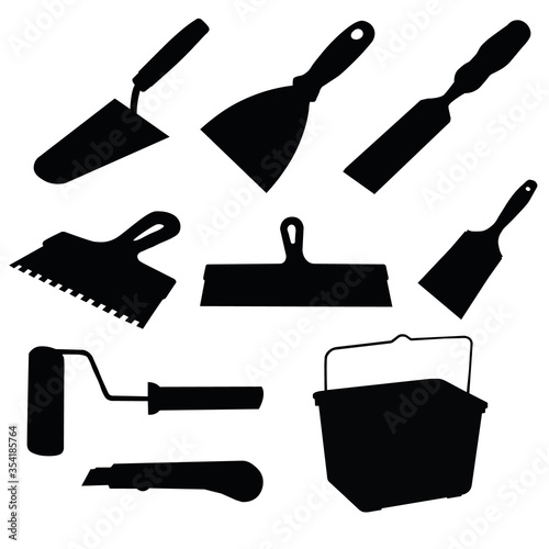 A set of repair tools. Spatula, putty knife, chisel, chisel, brush, roller for Wallpaper, construction knife, a bucket. Vector image