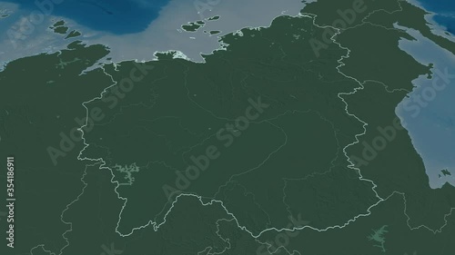 Sakha, republic with its capital, zoomed and extruded on the administrative map of Russia in the conformal Stereographic projection. Animation 3D photo