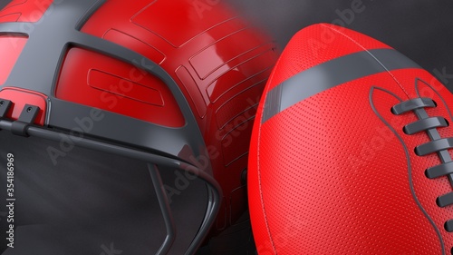 American football Red-Glay helmet and Red-Glay Ball with dark black toned foggy smoke under black-white laser lighting. 3D illustration. 3D high quality rendering. © DRN Studio