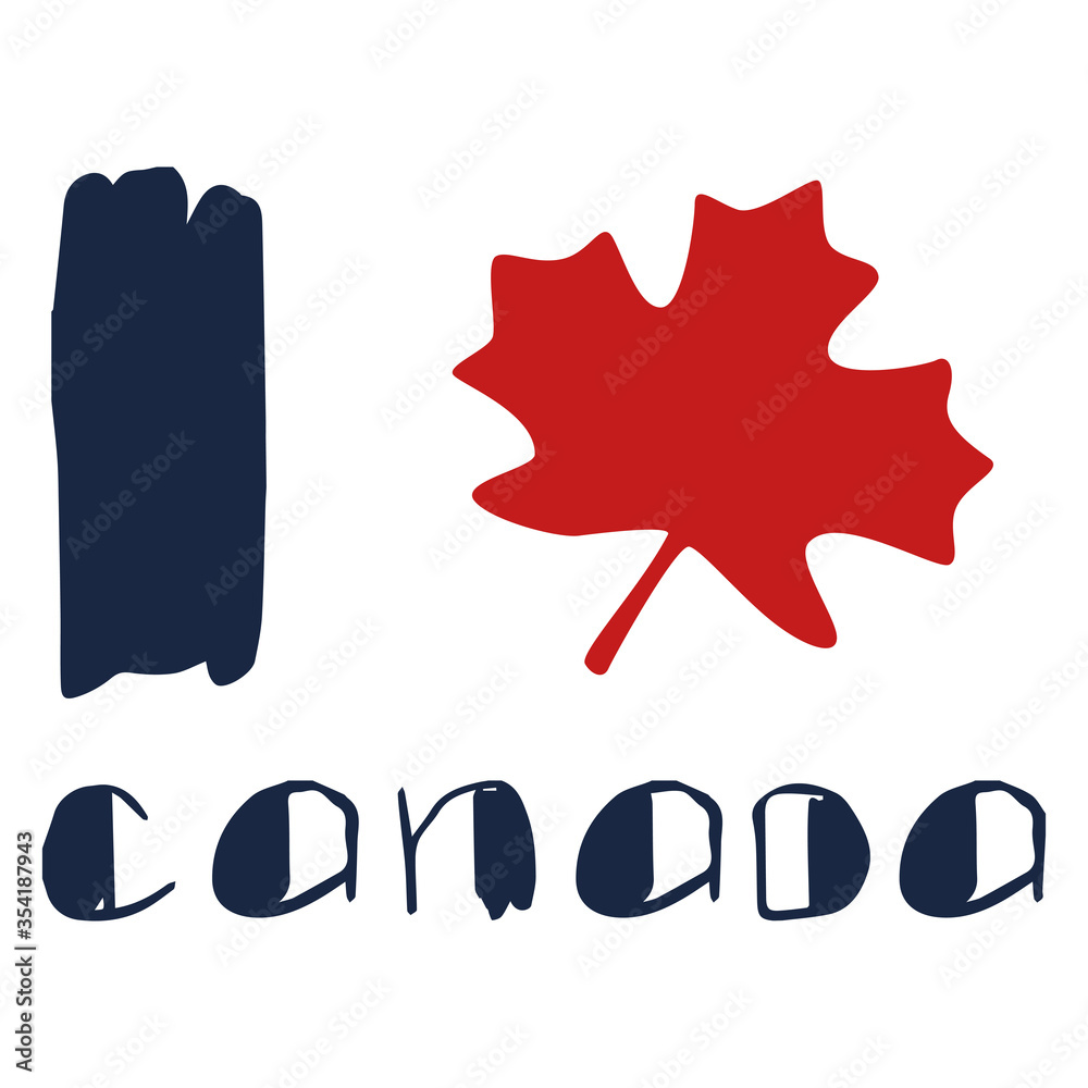 I love Canada emblem on white isolated backdrop. Maple leaf for invitation or gift card, social banner, souvenir shop, holiday flyer. Phone case or cloth print. Cartoon style stock vector illustration I love Canada emblem on white isolated backdrop. Maple leaf for invitation or gift card, social banner, souvenir shop, holiday flyer. Phone case or cloth print. Cartoon style stock vector illustration
