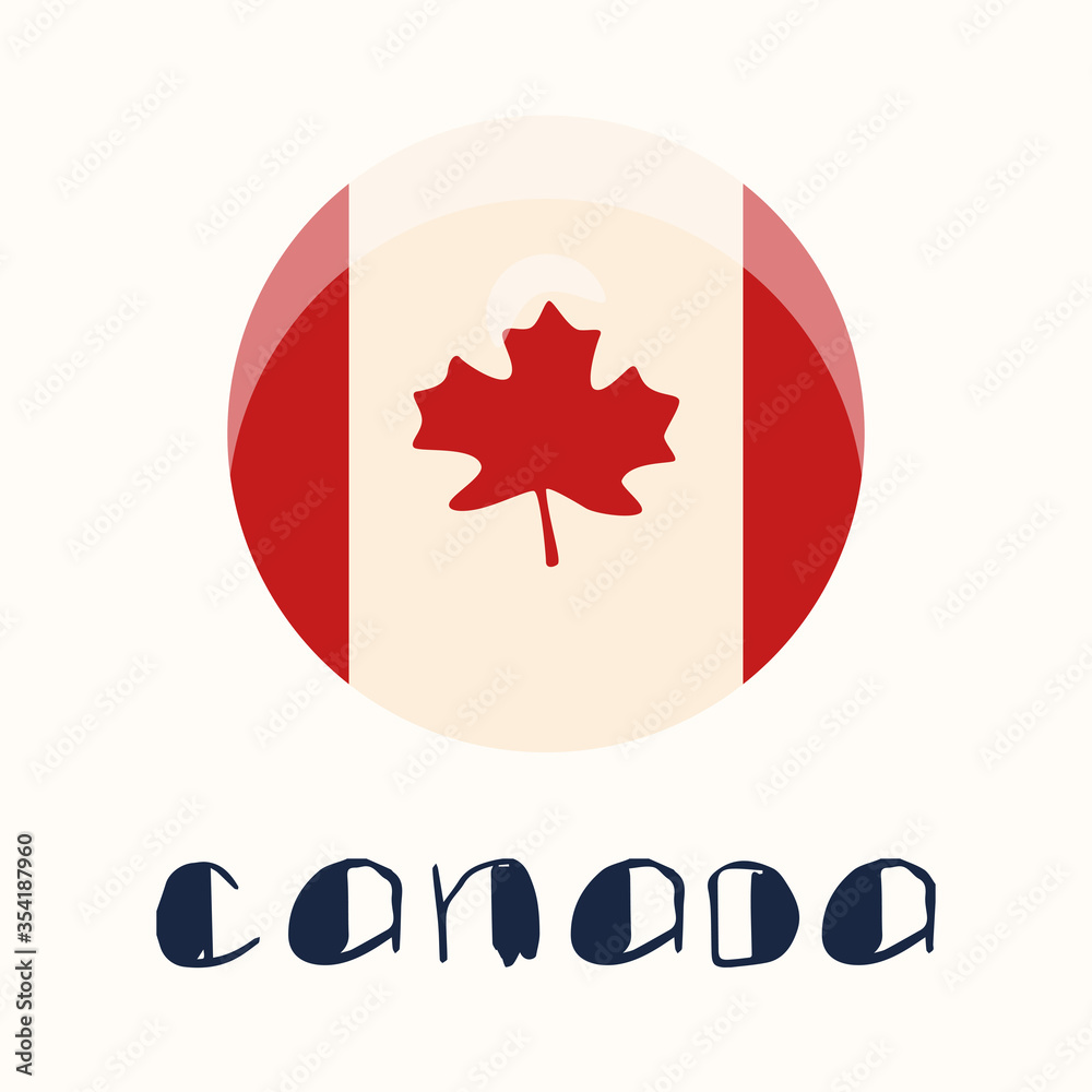 Obraz premium Round canadian flag on white isolated backdrop. Canada text with maple leaf for invitation or gift card, social banner, holiday flyer. Phone case or cloth print. Flat style stock vector illustration