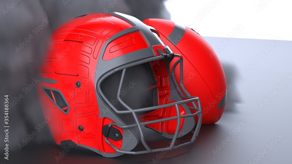Fototapeta premium American football Red-Glay helmet and Red-Glay Ball with dark black toned foggy smoke under black-white laser lighting. 3D illustration. 3D high quality rendering.