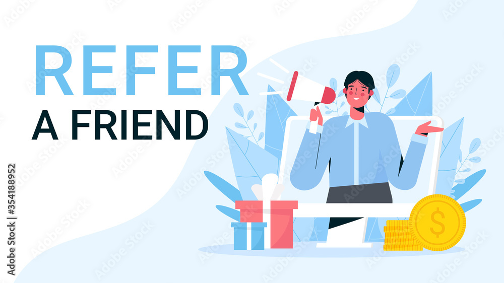 Refer A Friend flat vector illustration. Referral program and social media marketing, promotion method. Man shout on megaphone and attracts customers for money and gifts. Refer A Friend flat vector illustration. Referral program and social media marketing, promotion method. Man shout on megaphone and attracts customers for money and gifts.
