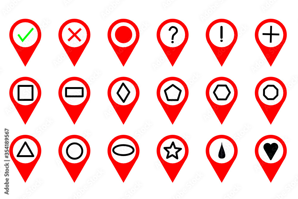 Group of red map navigation symbols and pin icons on the white background Group of red map navigation symbols and pin icons on the white background