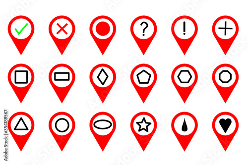 Group of red map navigation symbols and pin icons on the white background