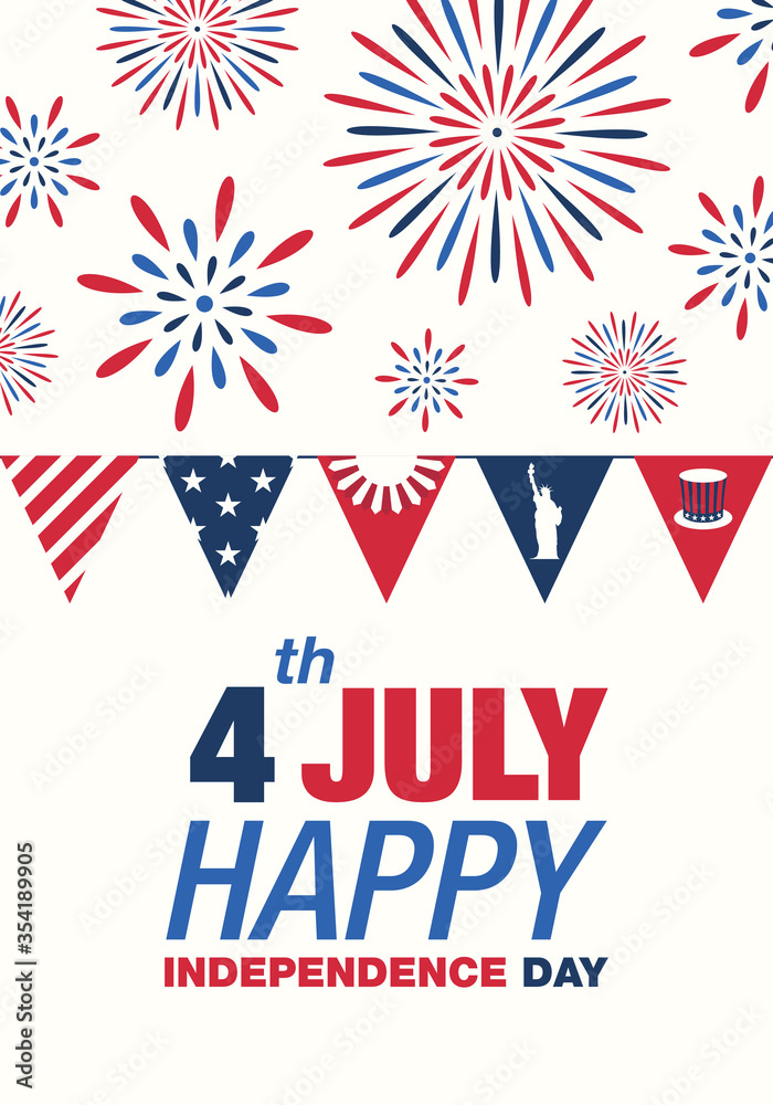 america independence day with hanging triangle flag and firework background for brochure banner and publication