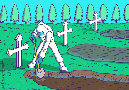 a man in protection disease suit digging graves is death from coronavirus covid-19