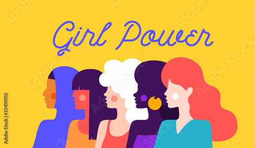 Girl Power. Modern flat character. Simple character of woman lady of different nationalities, races, arab, asian, european, african. Woman character, concept in flat color graphic. Vector Illustration