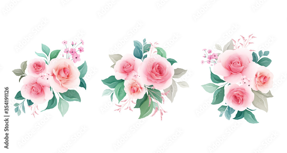 Floral vector set. Botanic arrangements of peach rose flowers, leaf, branch. Illustration for wedding, greeting card, or logo composition vector