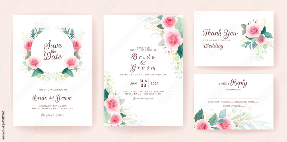 Set of wedding invitation template with badge and gold floral decoration. Flowers composition vector for save the date, greeting, thank you, rsvp, etc