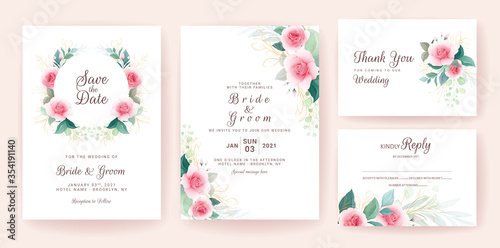 Set of wedding invitation template with badge and gold floral decoration. Flowers composition vector for save the date, greeting, thank you, rsvp, etc