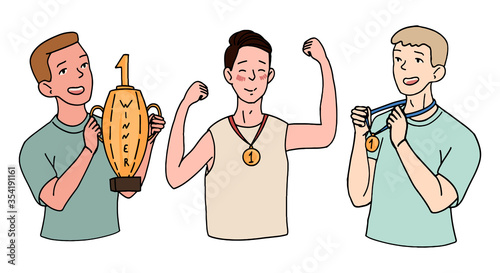 Set of hand drawn vector illustrations. Winning happy men, guys, holding cups and medals. Winners people concept. Colored doodle drawings in simple flat style isolated on white. Elements for design.