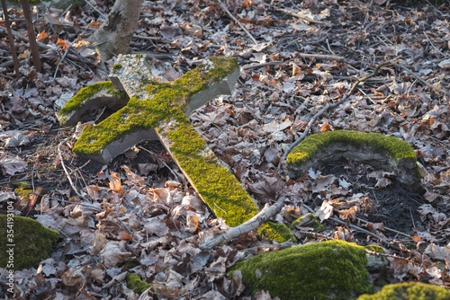 Covered with moss fallen cross of an abandoned grave at an old cemetery. Smolenskoye Lutheran Cemetery in St. Petersburg. Concept of oblivion and death photo