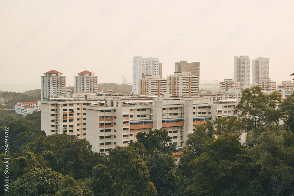 wide angle view of housing apartments in singapore amidst trees